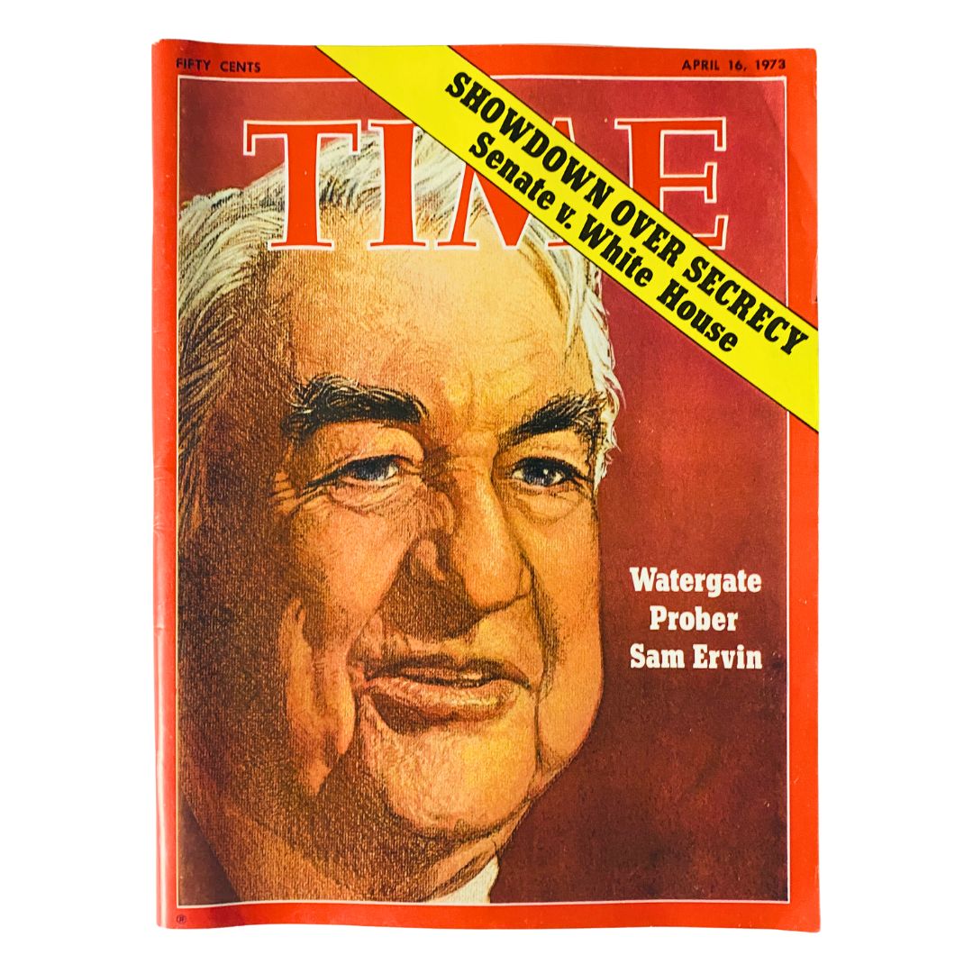VTG Time Magazine April 16 1973 featuring Watergate Prober Sam Ervin on the cover, highlighting the political tension during the Watergate scandal.