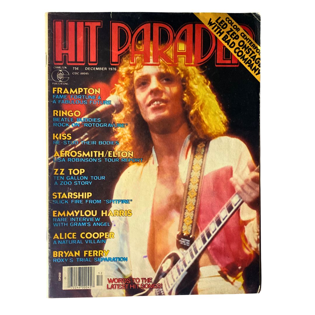 VTG Hit Parader Magazine December 1976 featuring Peter Frampton on the cover, showcasing articles on music icons such as Ringo Starr, Kiss, Aerosmith, ZZ Top, and more.