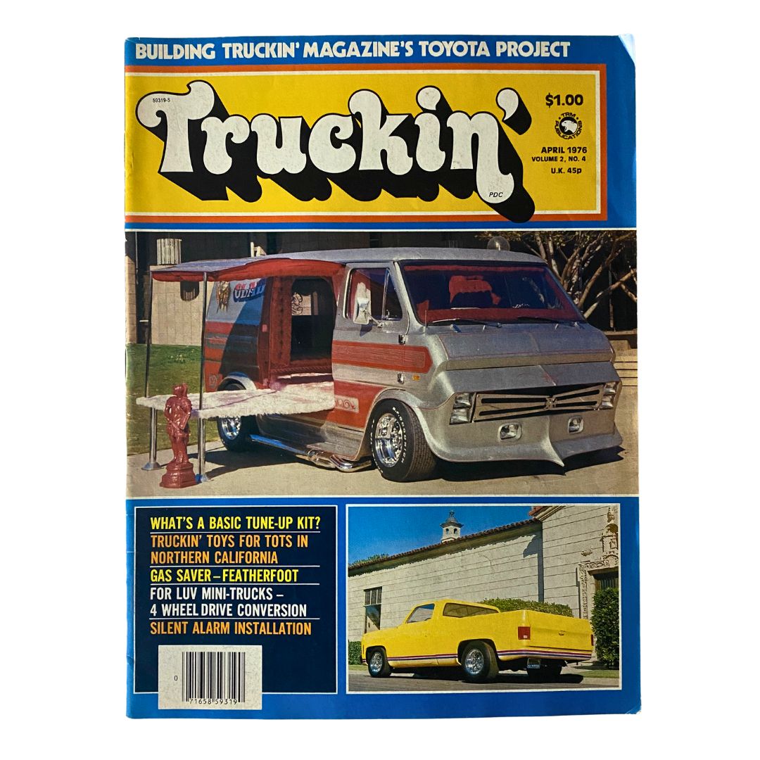 Cover of VTG Truckin' Magazine April 1976 showcasing a vintage van celebrating Toys for Tots in Northern California.