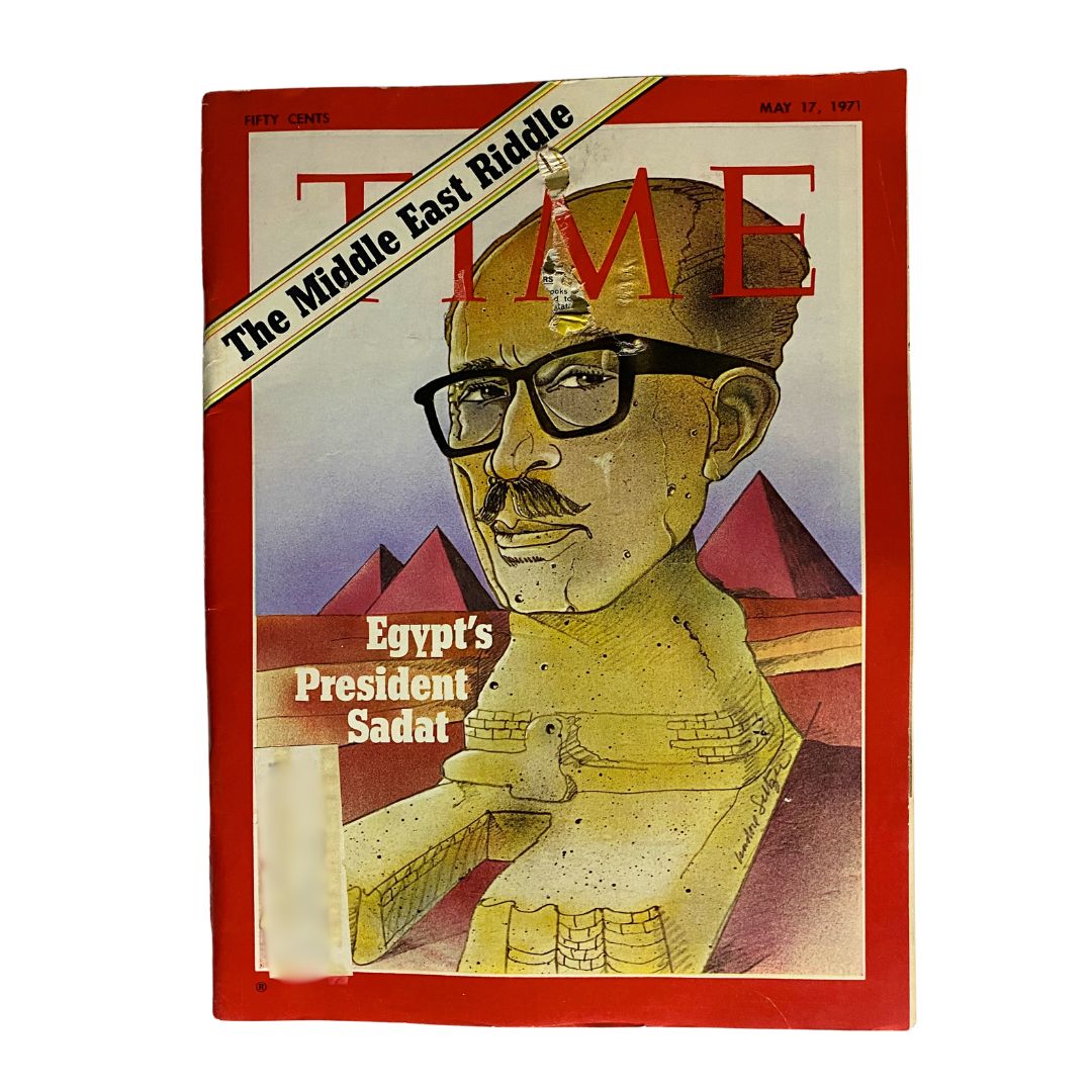 Vintage Time Magazine May 17 1971 featuring Egypt's President Anwar El-Sadat on the cover, showcasing a unique illustration set against pyramids.