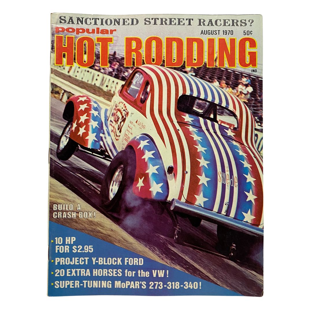 Cover of VTG Popular Hot Rodding Magazine August 1970 featuring a colorful racing car with star and stripe patterns. Title reads 'Build a Crash Box' with text promoting features like '10 HP for $2.95' and engineering projects for hot rod enthusiasts.