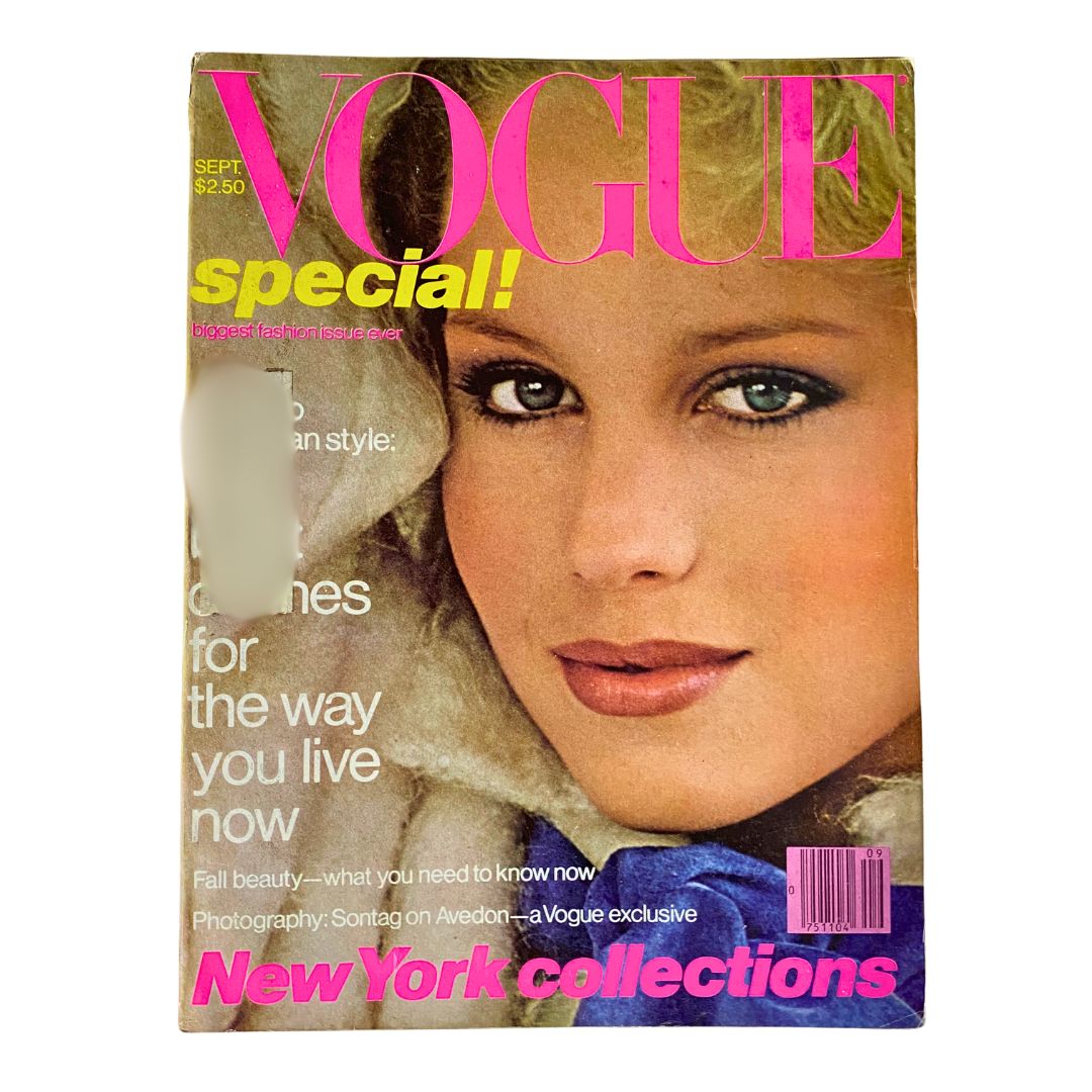 Vintage Vogue Magazine, September 1978: Rosie Vela photographed by Arthur Elgort on the cover.