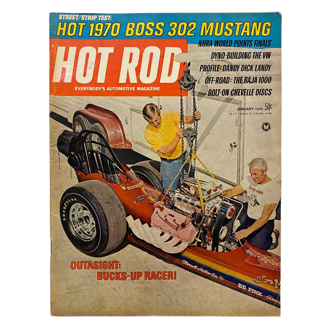 Cover of VTG Hot Rod Magazine January 1970 featuring 'Outasight: Bucks-Up Racer,' showcasing a dragster with two mechanics and the title prominently displayed.
