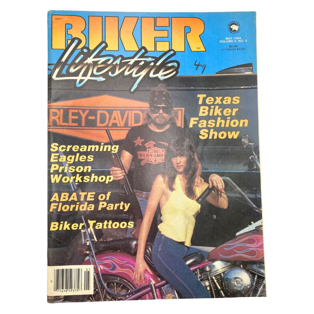 Vintage Biker Lifestyle Magazine Cover from May 1984, Volume 4, Issue 5 featuring Texas Biker Fashion Show and articles on Screaming Eagles Prison Workshop and ABATE of Florida Party.