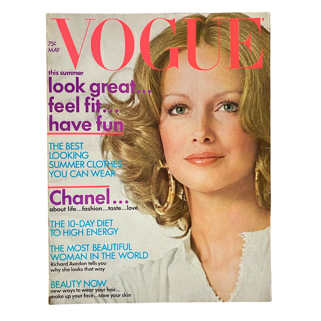 VTG Vogue Magazine May 1972 cover featuring a portrait of Karen Graham, emphasizing fashion with vibrant colors and classic styling.