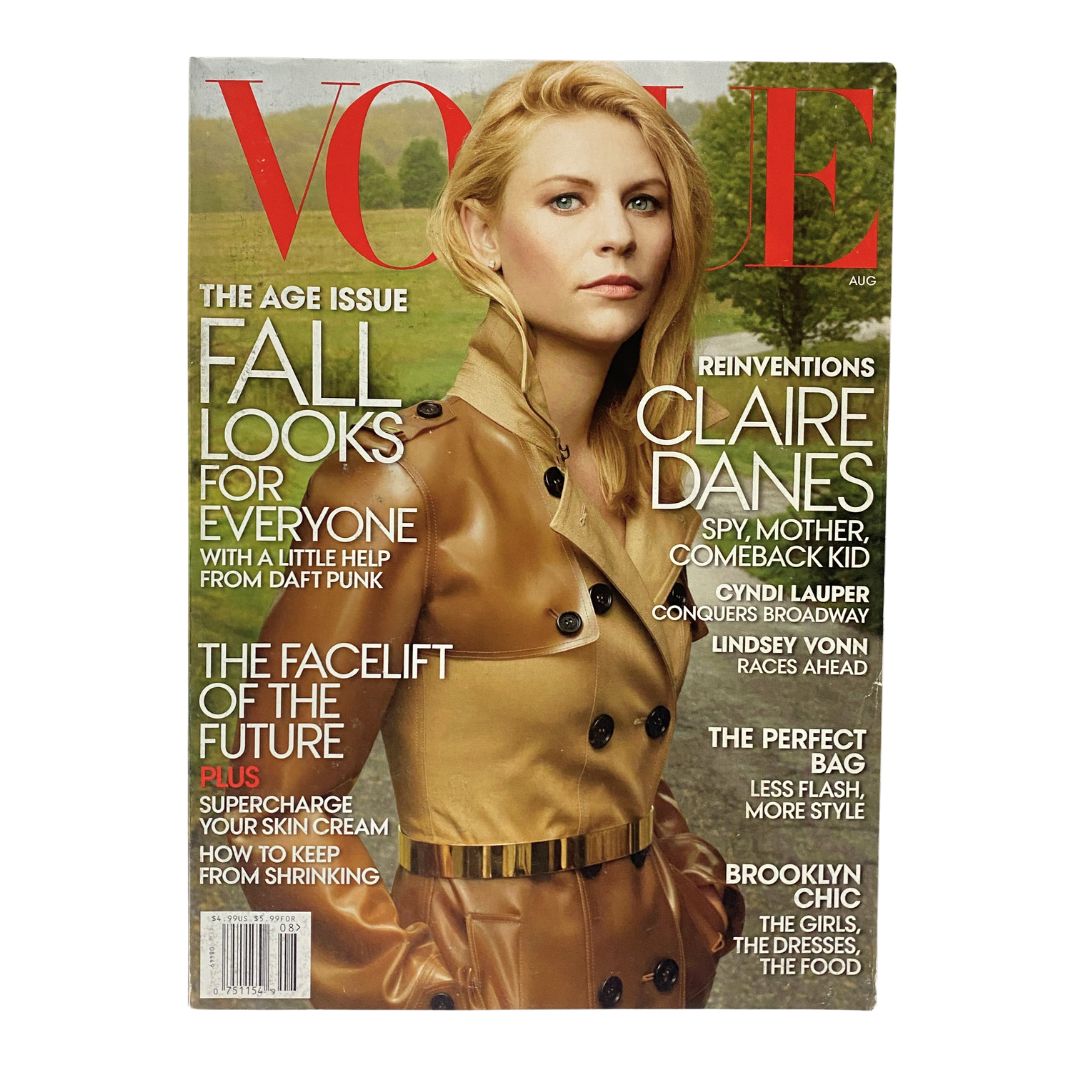 Vogue Magazine August 2013 featuring actress Claire Danes on the cover, showcasing her in a stylish brown coat with the title 'Fall Looks for Everyone' and articles about fashion and reinventions.