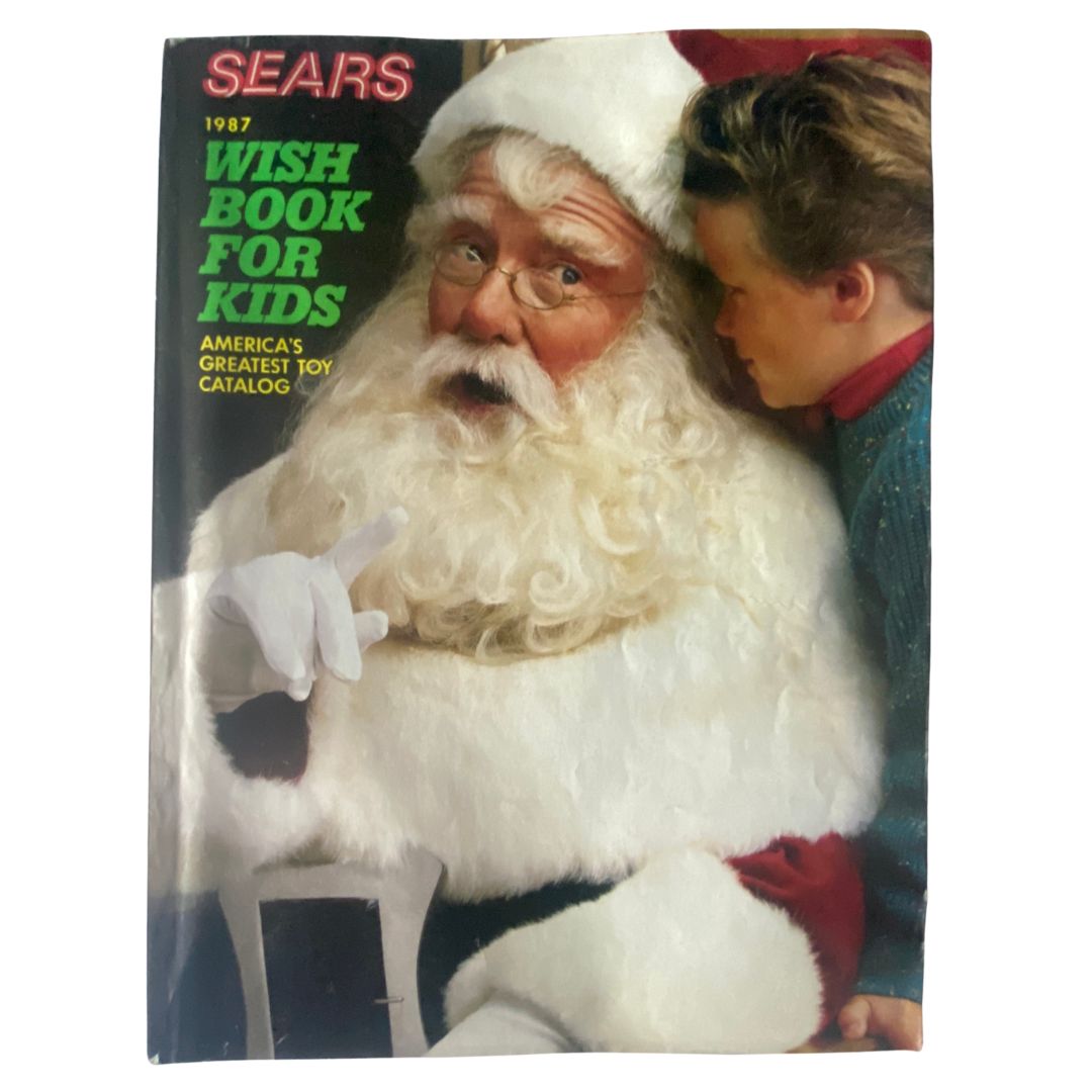 1987 Sears Wish Book for Kids cover featuring Santa Claus and a child, showcasing America's Greatest Toy Catalog.