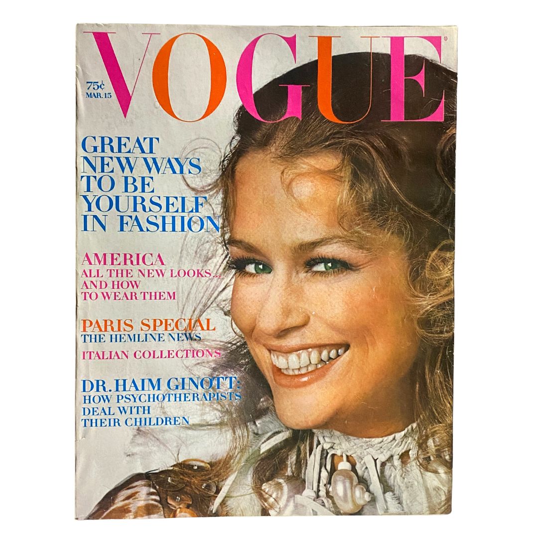 Vogue Magazine March 15, 1970 cover featuring Lauren Hutton, showcasing fashion trends and photography by Irving Penn.