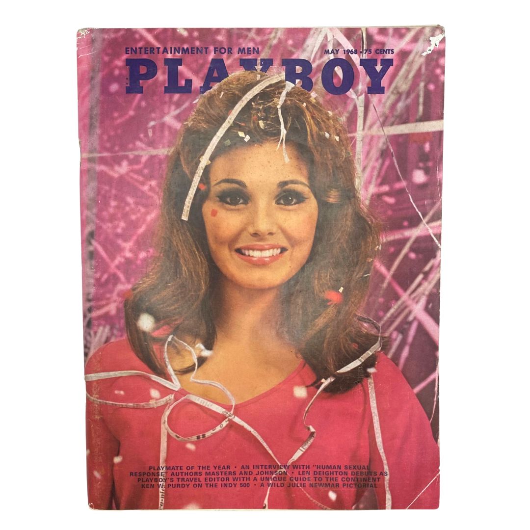 Playboy Magazine May 1968 cover featuring Playmate Elizabeth Jordan with vibrant pink background and celebratory elements.