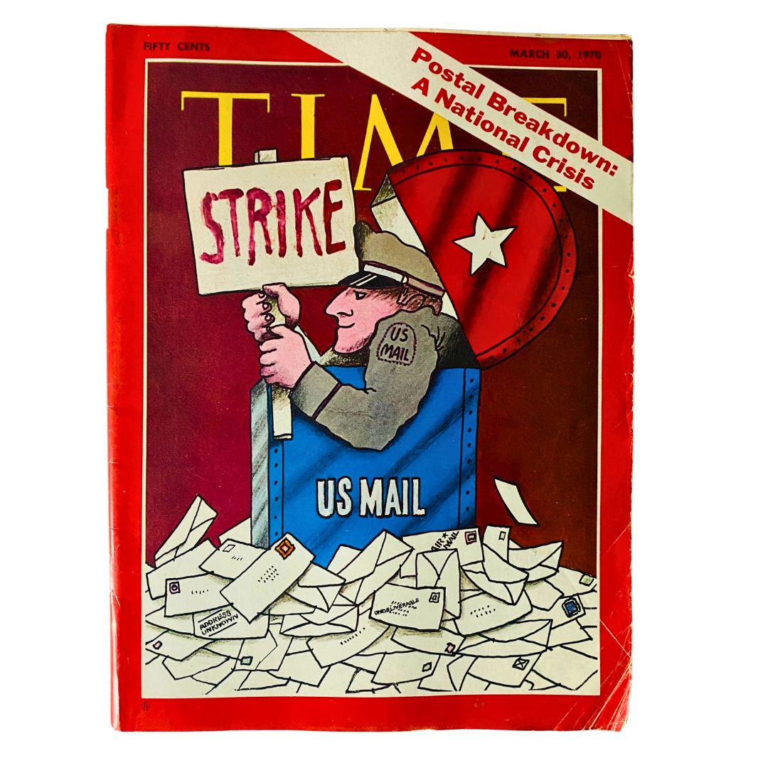 Vintage Time Magazine March 30 1970 cover featuring a cartoon character holding a 'Strike' sign, surrounded by envelopes, with the headline 'Postal Breakdown: A National Crisis.'