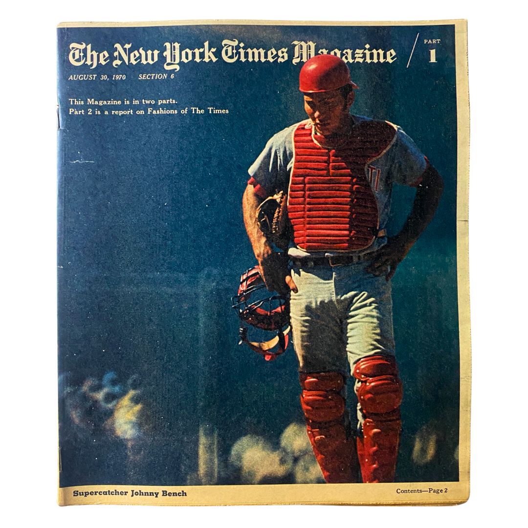 Cover of The New York Times Magazine, August 30, 1970, featuring 'Supercatcher Johnny Bench, No Label