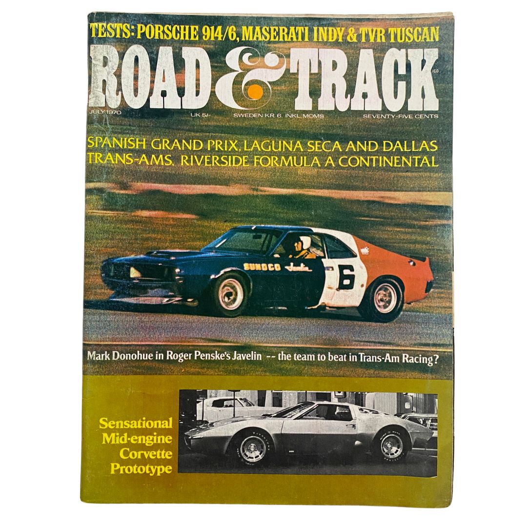 Cover of VTG Road & Track Magazine, July 1970, Vol 21 No. 11, featuring a sensational mid-engine Corvette prototype and a Javelin race car. Highlights include tests of Porsche 914/6, Maserati Indy, and Trans-Am racing.