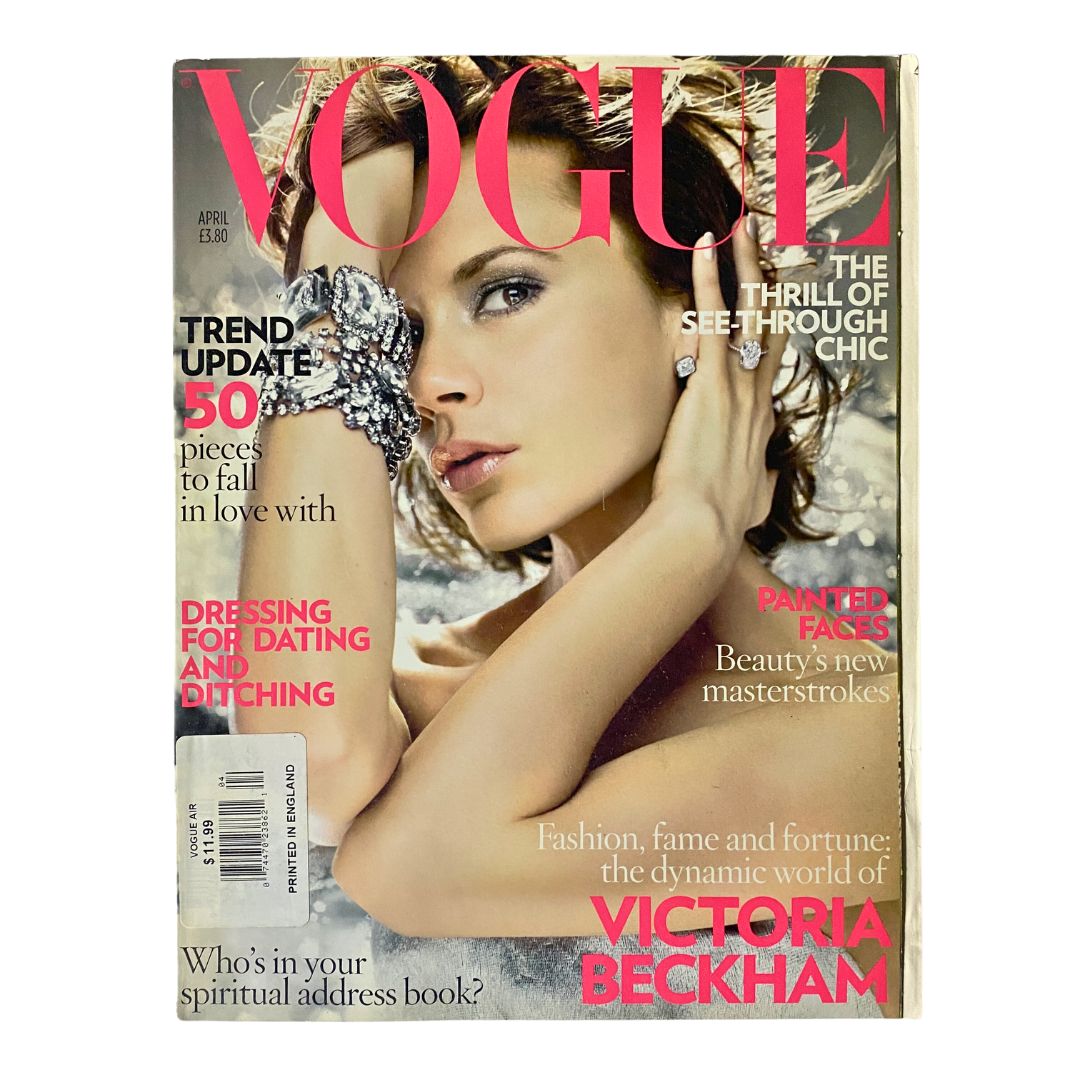 British Vogue UK Magazine April 2008 cover featuring Victoria Beckham showcasing fashion trends and a chic aesthetic.