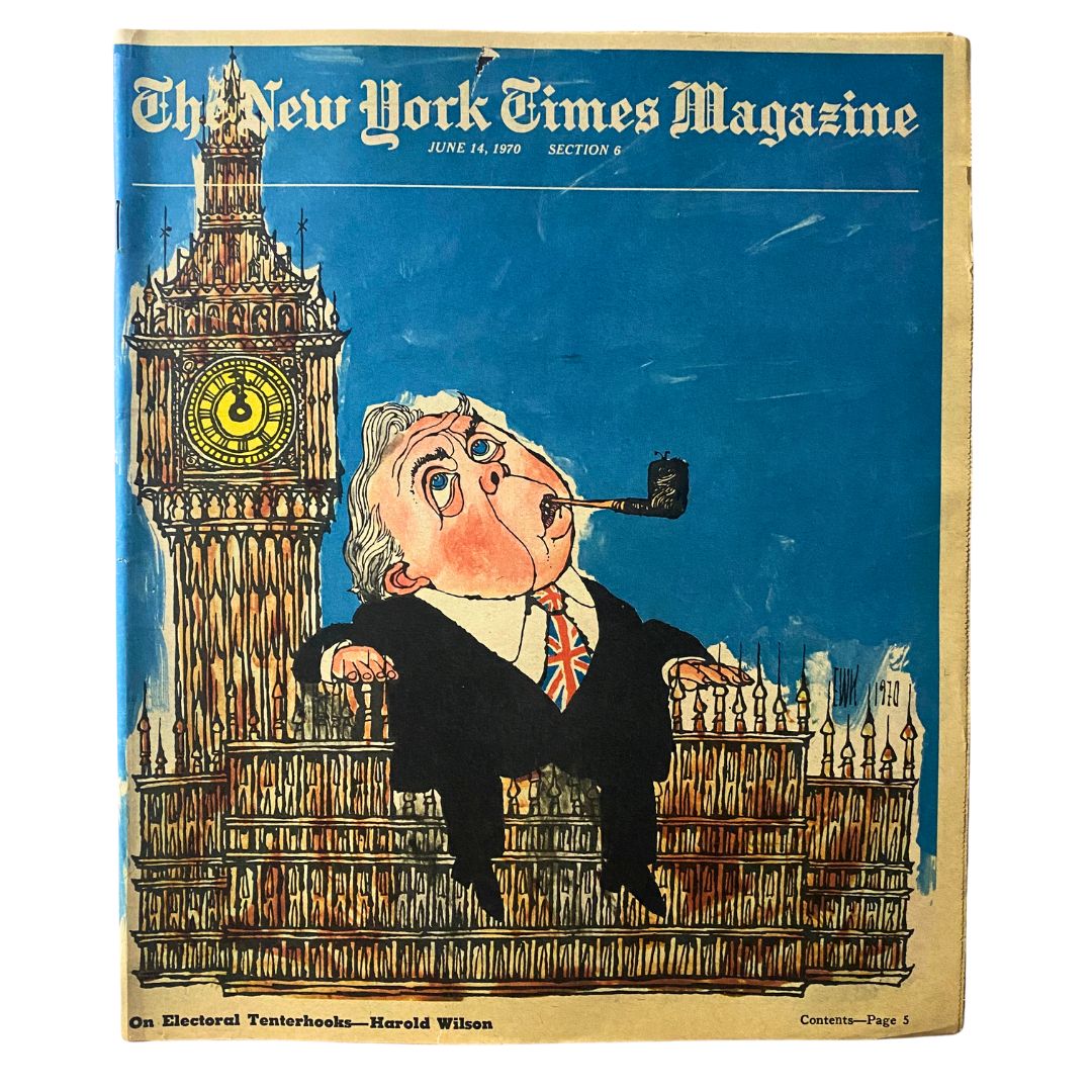 The New York Times Magazine from June 14, 1970 featuring a caricature of Harold Wilson, seated beside Big Ben, reflecting political themes of the era.