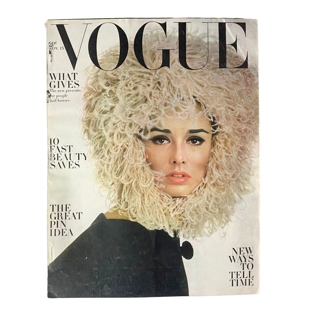 VTG Vogue Magazine November 15 1962 Sondra Peterson Cover featuring a model with voluminous curly hair and bold eye makeup.