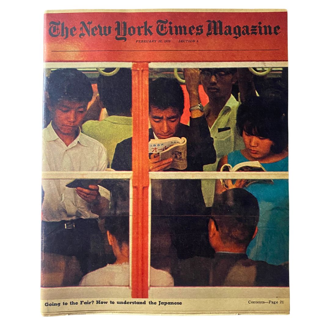 The New York Times Magazine February 22 1970 cover featuring individuals reading amidst a subway backdrop, illustrating the theme 'Going to the Fair? How to understand the Japanese.'