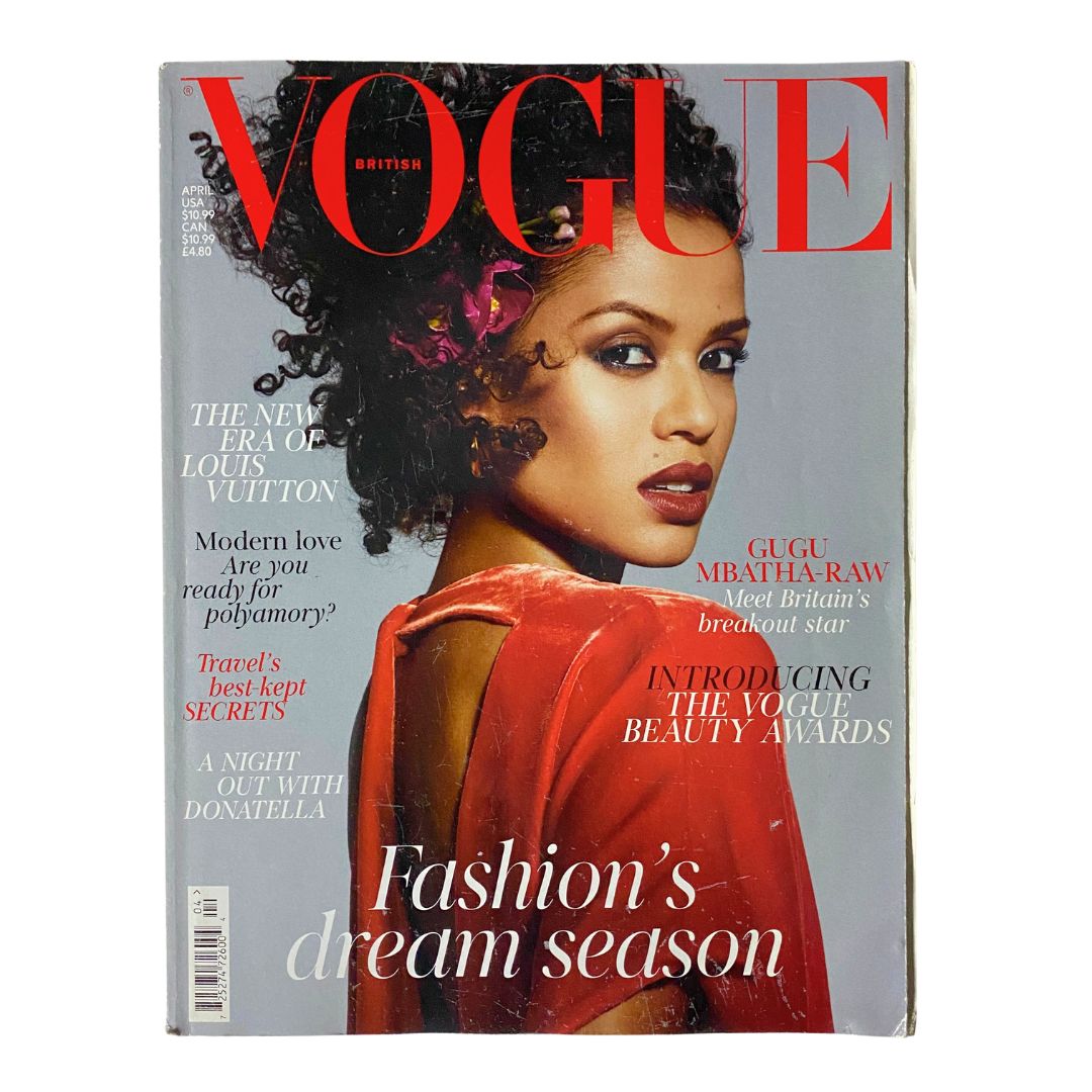 British Vogue UK Magazine April 2018 featuring Gugu Mbatha-Raw on the cover, showcasing fashion with a vibrant photo and stylish hair.