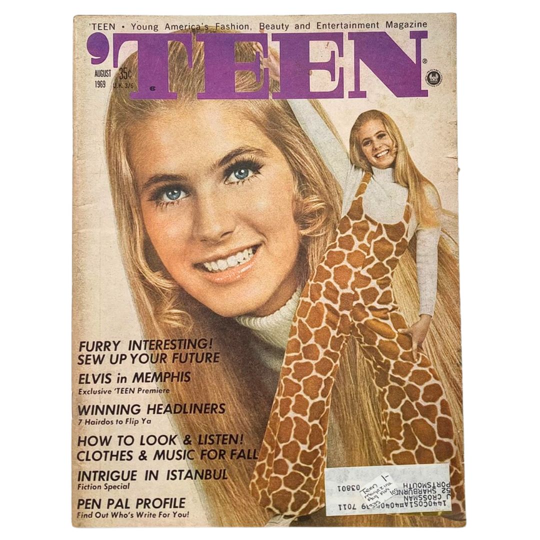Vintage 'Teen Magazine August 1969, Volume 13, Issue #8 featuring Elvis Presley on the cover alongside a model in a giraffe print outfit.