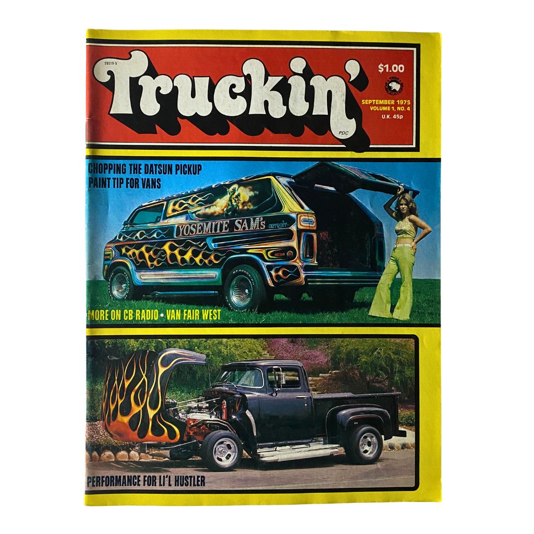 Cover of the September 1975 issue of Truckin' Magazine featuring a Datsun pickup and a colorful van with the title 'Chopping the Datsun Pickup Paint Tip for Vans'. This magazine highlights automotive tips and culture from the 1970s.