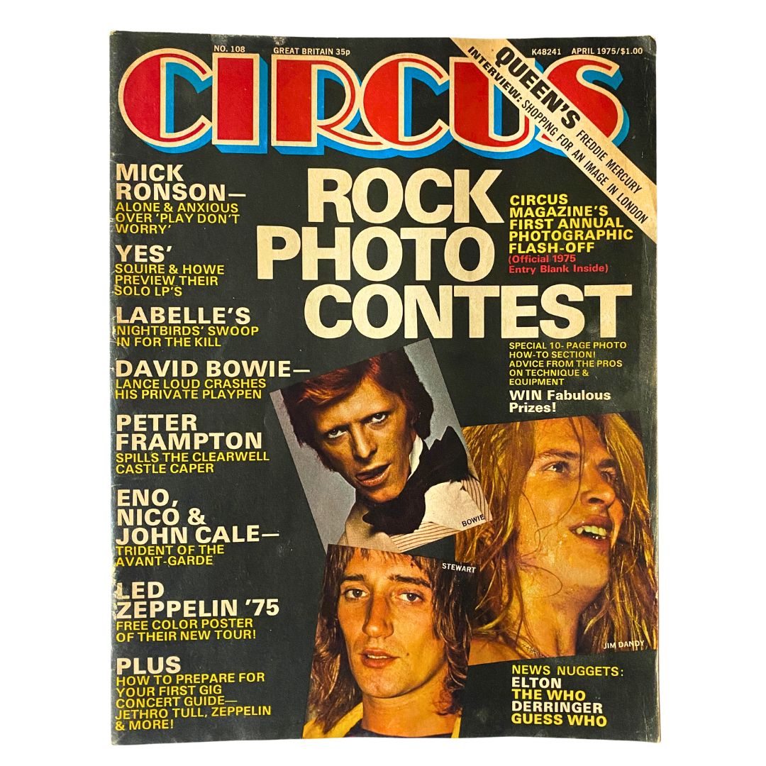VTG Circus Magazine April 1975 No. 108 featuring Rock Photo Contest. The cover showcases iconic artists and bands from the era, including striking portraits of David Bowie, Peter Frampton, and Led Zeppelin, highlighting the cultural significance of 1970s rock music.