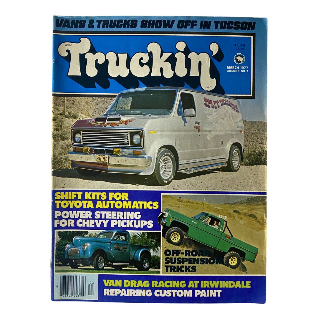 Cover of Truckin' Magazine March 1977 showcasing a featured van and racing content, including articles related to van drag racing at Irwindale.