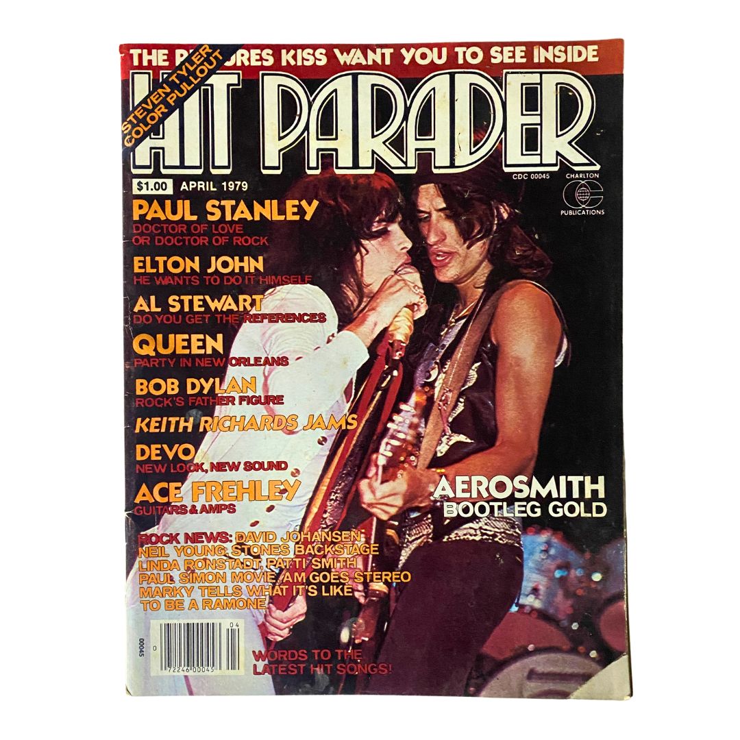 Cover of VTG Hit Parader Magazine April 1979 featuring Aerosmith and Bob Dylan, showcasing iconic rock artists and vintage styling.