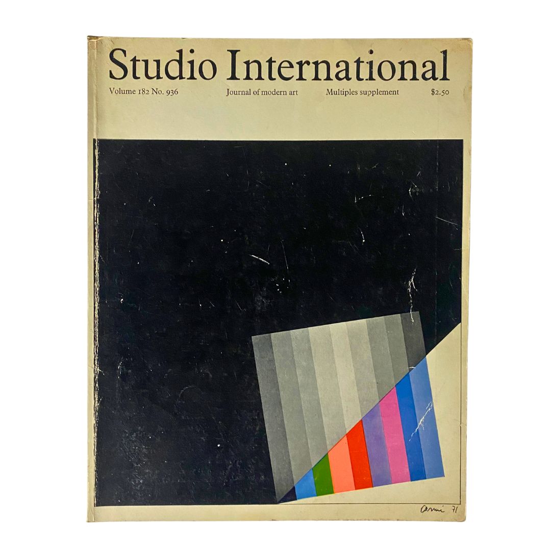 Cover of VTG Studio International Magazine September 1971 featuring artwork by Eugenio Carmi, showcasing modern art design with a mix of colors and geometric shapes.