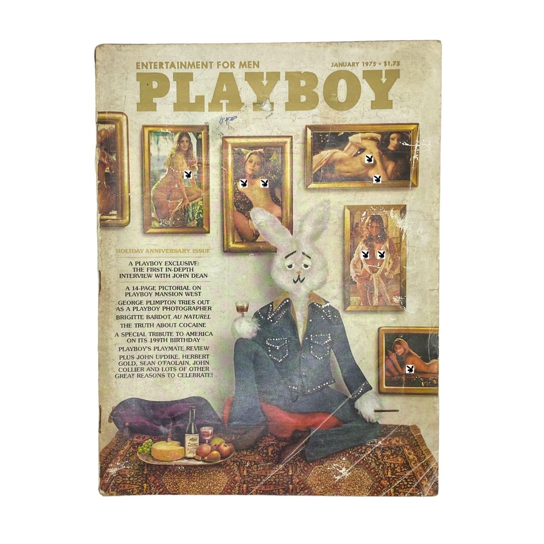 Cover of VTG Playboy Magazine January 1975 featuring Lynnda Kimball, with a distinctive bunny character surrounded by framed artwork and vintage decor.