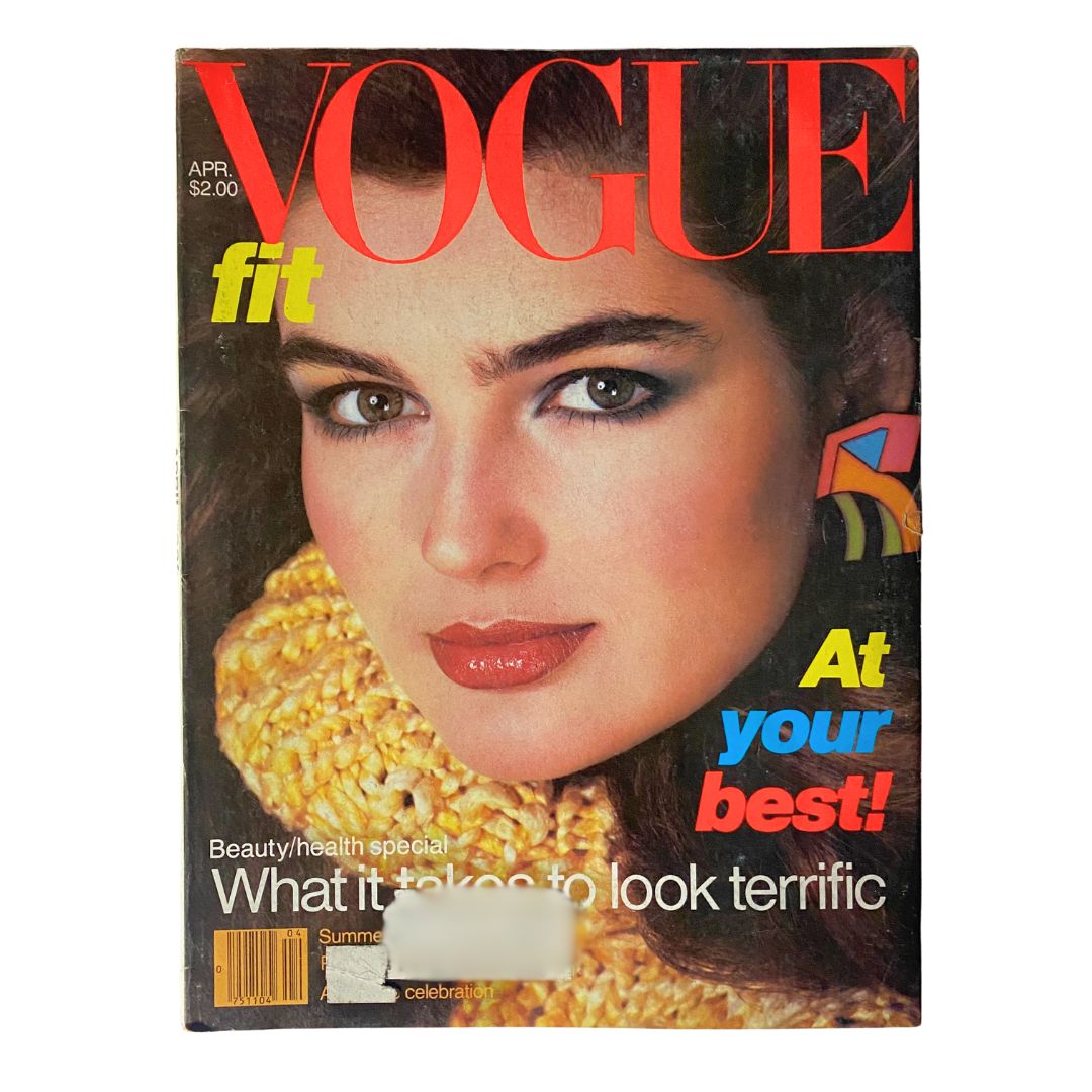 VTG Vogue Magazine April 1980 cover featuring a close-up of Eva Voorhees captured by Richard Avedon, showcasing 1980s fashion.