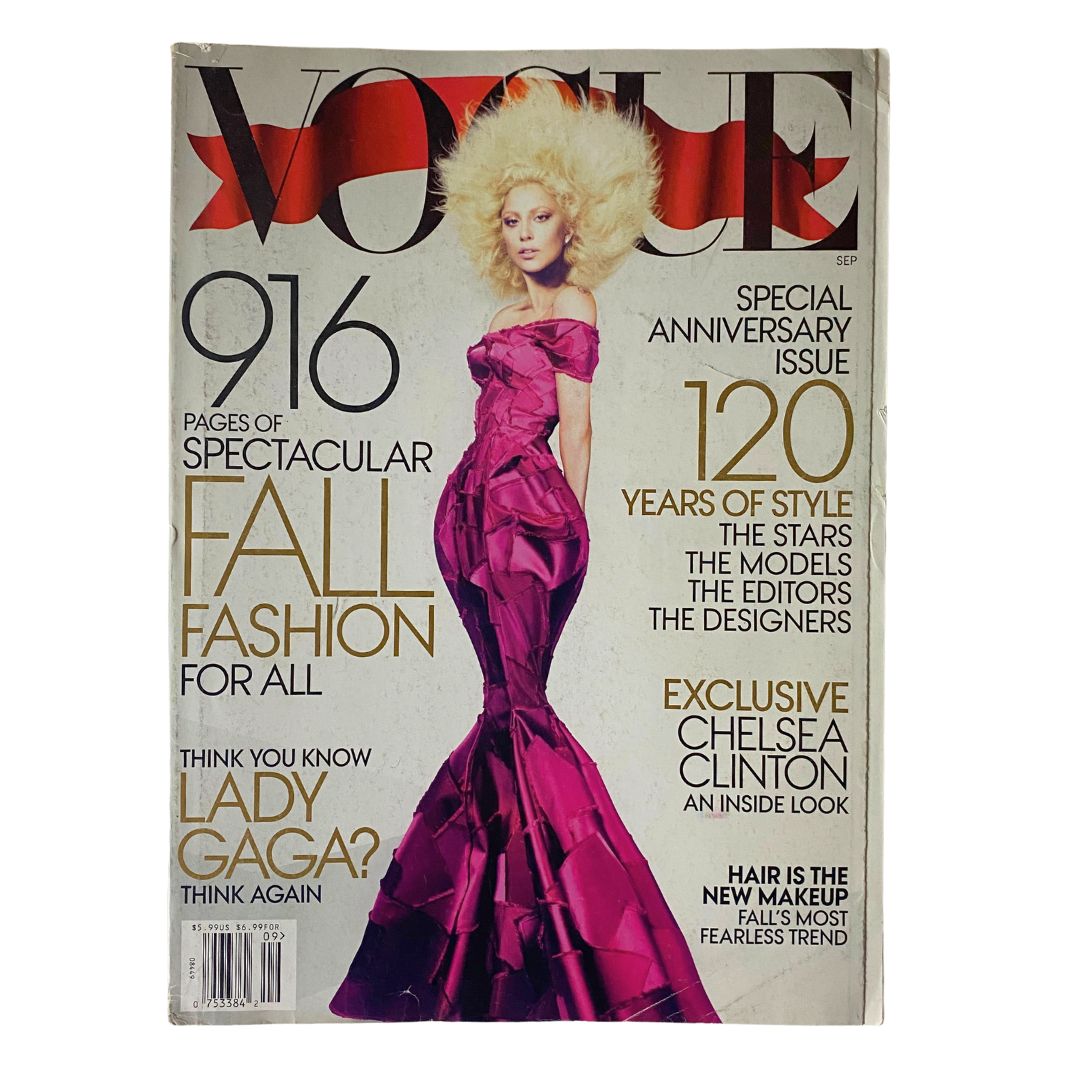 Cover of Vogue Magazine September 2012 featuring Lady Gaga in a stunning pink gown by photographers Mert Alas and Marcus Piggott, highlighting contemporary fashion.