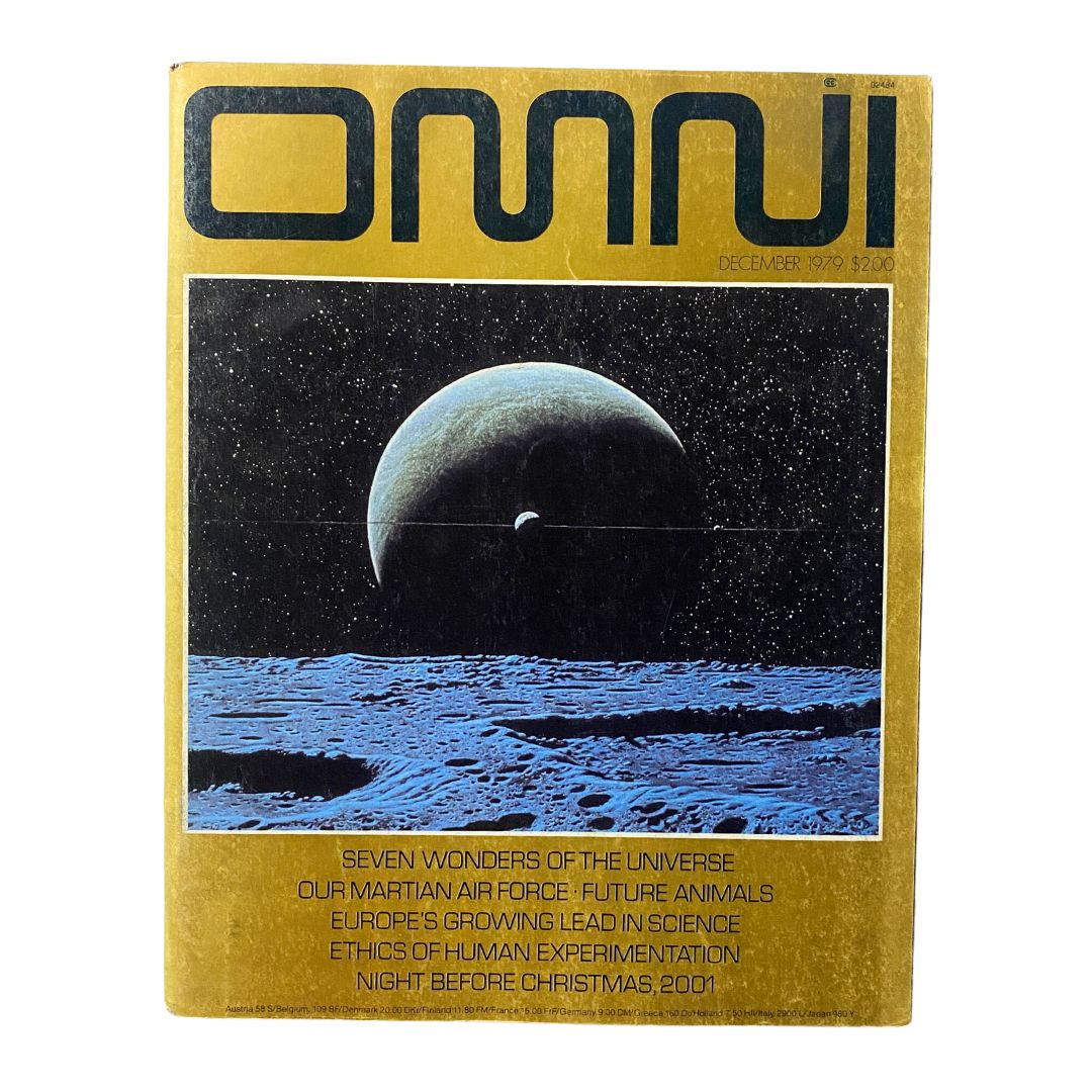 VTG Omni Magazine December 1979 featuring the article 'Seven Wonders of The Universe' on the cover, showcasing a celestial landscape with a large planet and the title in bold letters.