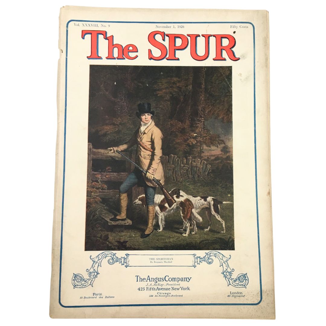 The Spur Magazine cover from November 1, 1926, featuring a stylish depiction of a hunter and dogs, showcasing the theme 'Brides of the Late Autumn'.