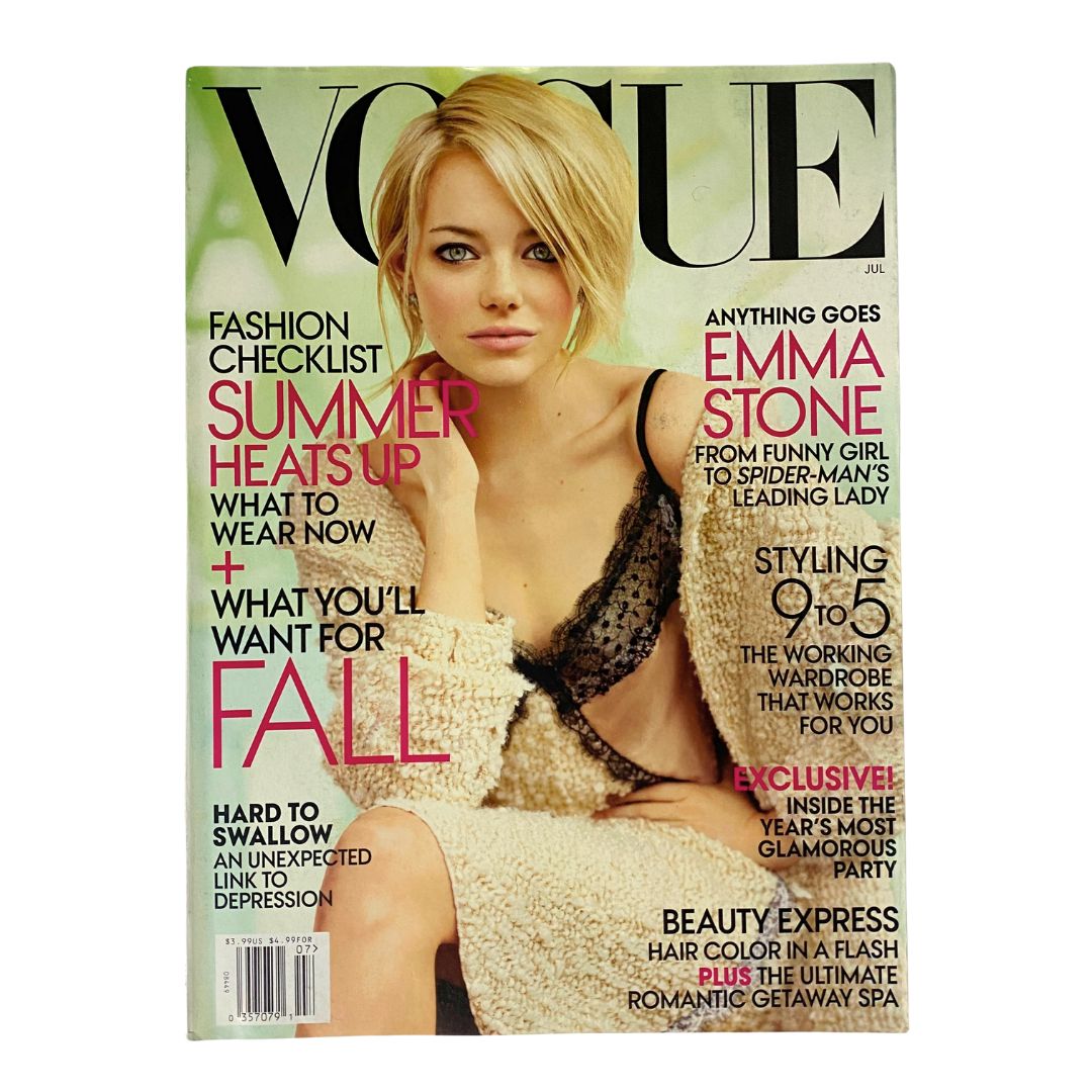 Vogue Magazine July 2012 cover featuring Emma Stone with the theme "Anything Goes" highlighting fashion and summer trends.