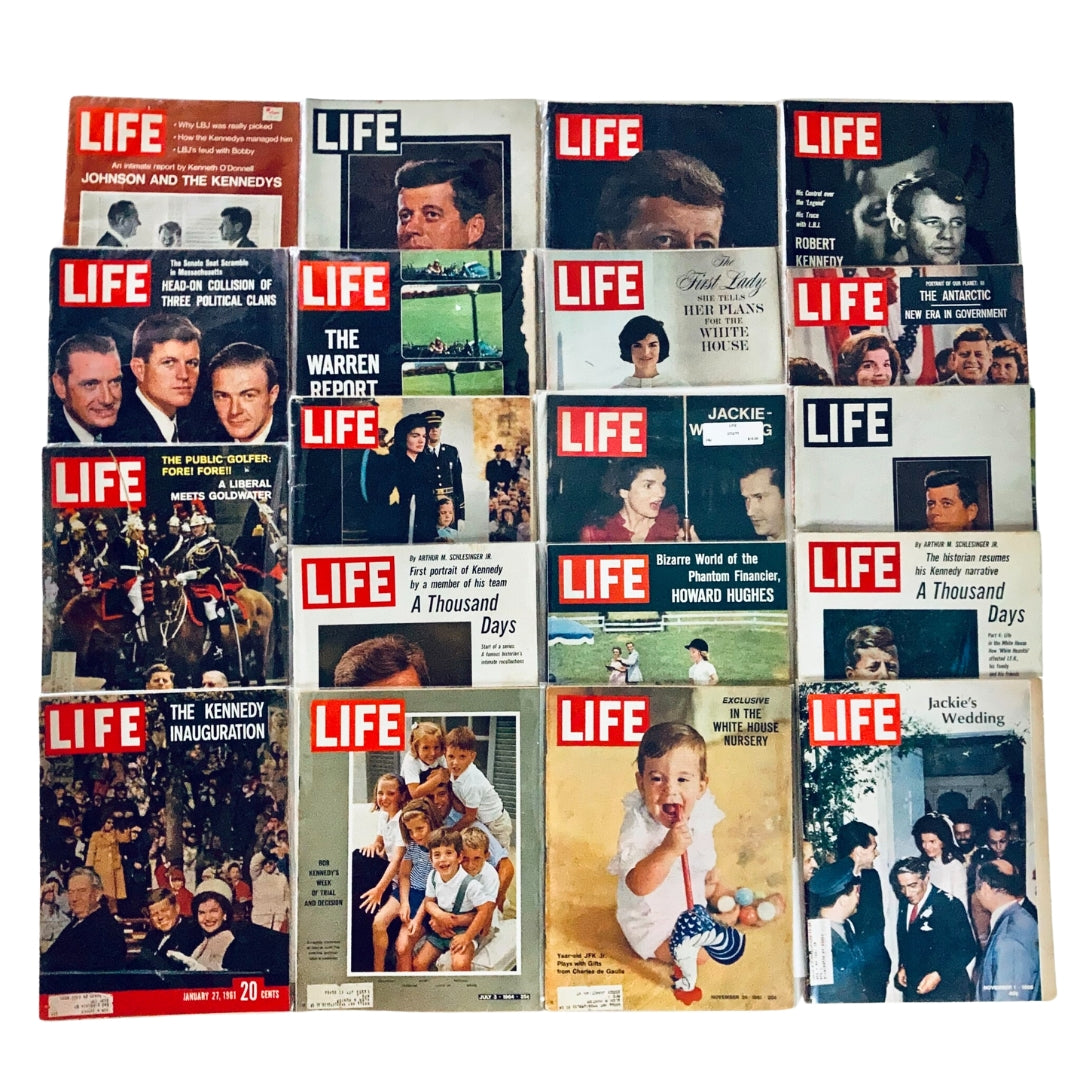 Lot of 19 Life Magazines featuring John F. Kennedy and Jacqueline Kennedy, showcasing iconic moments from the 1960s and 70s.