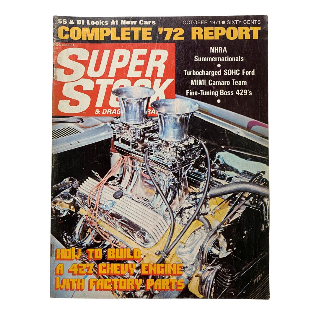 Cover of Super Stock & Drag Illustrated Magazine October 1971 featuring a 427 Chevy engine and drag racing content, vibrant colors with bold title text.