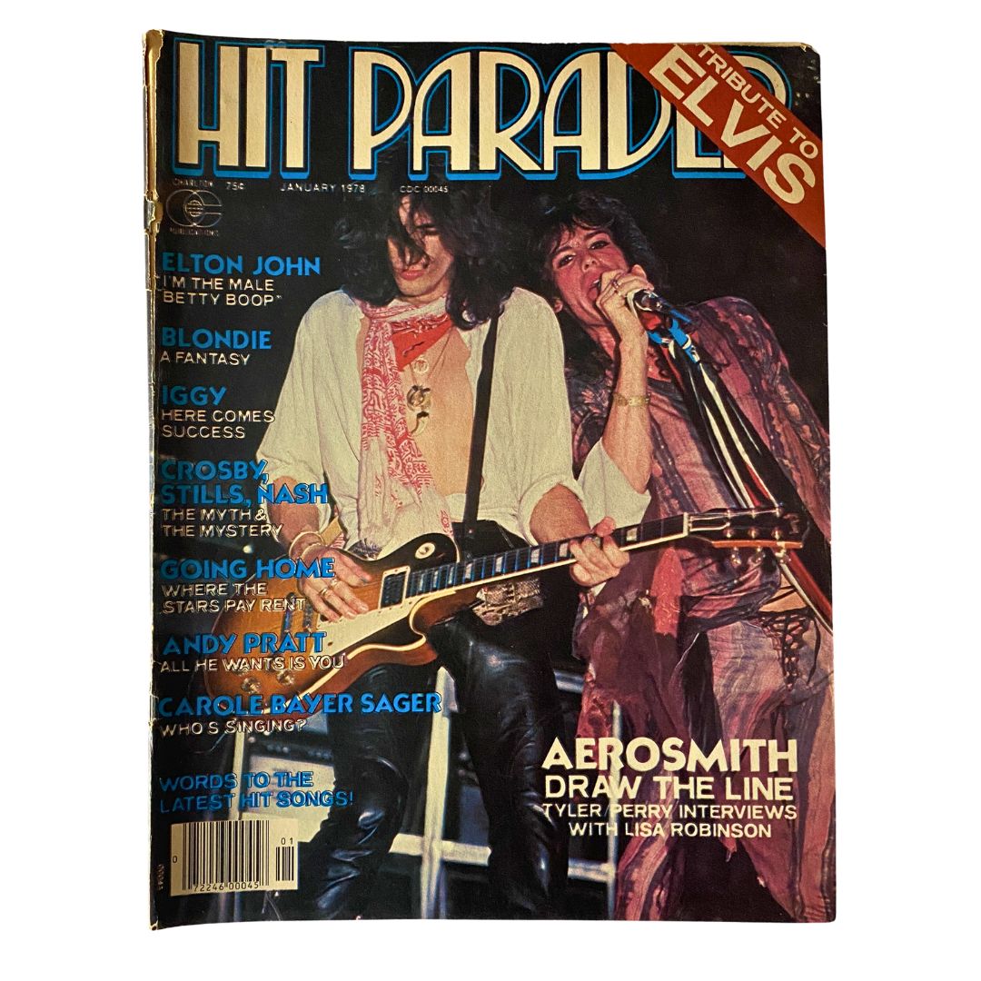 Hit Parader Magazine January 1978 cover featuring Steven Tyler and Tyler Perry performing on stage, with a tribute to Elvis highlighted.