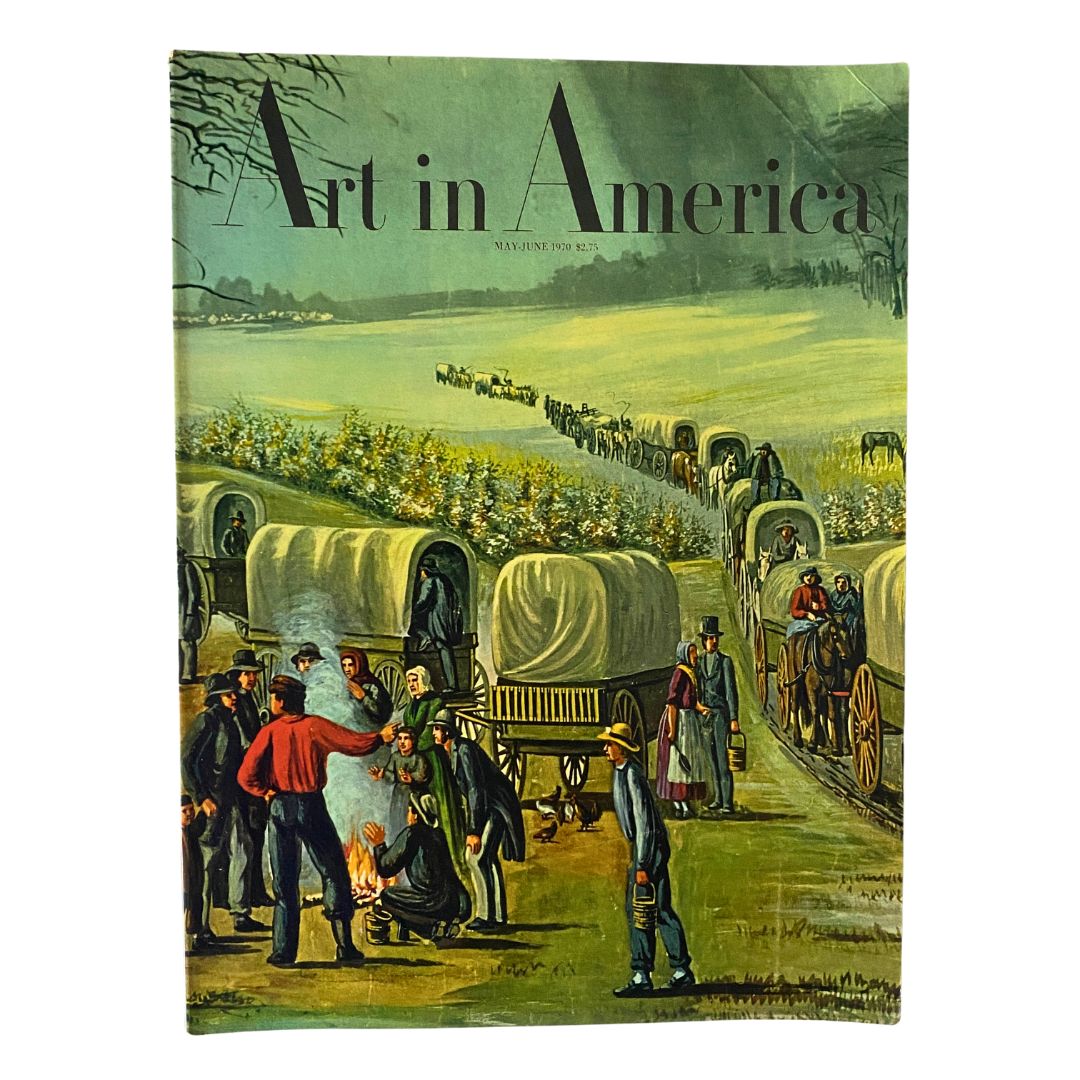 Cover of VTG Art in America Magazine May 1970 featuring a vibrant illustration of a 19th-century panorama depicting Mormon life with a group of people around a campfire.