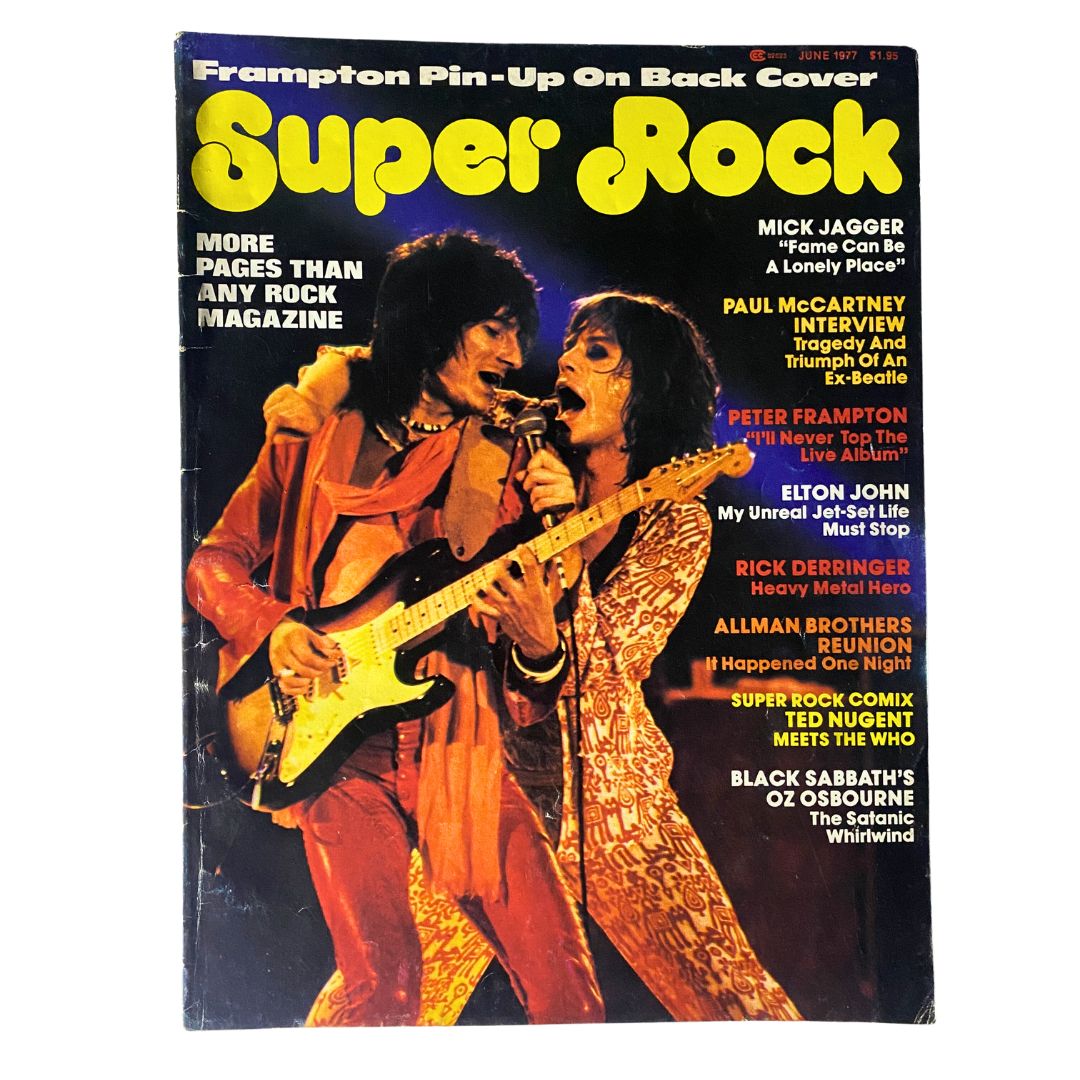 Cover of VTG Super Rock Magazine June 1977 Vol 1 No. 1 featuring Mick Jagger and the vibrant 1970s rock style, highlighting iconic musicians and articles that defined the music era.