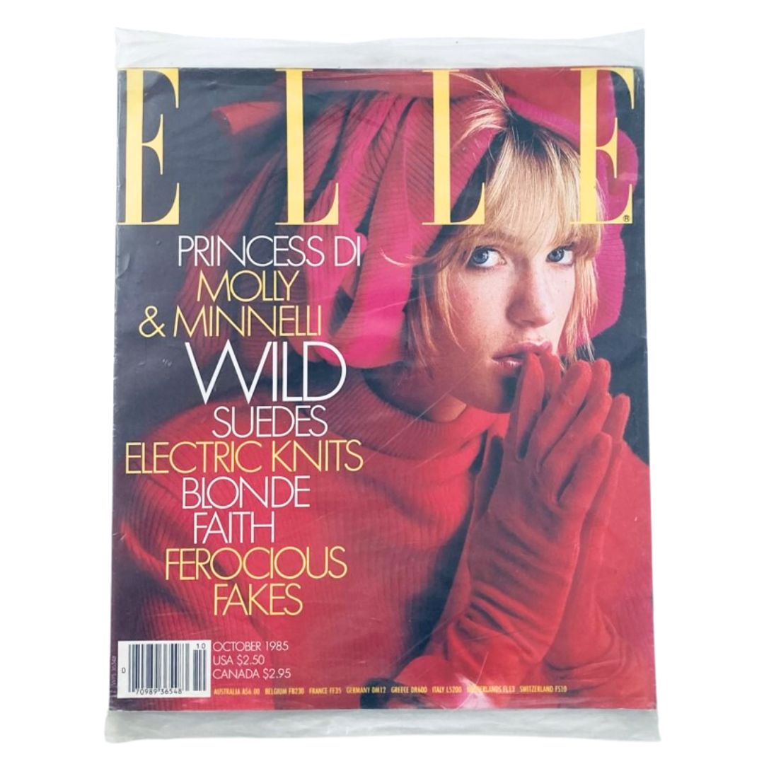 Elle Magazine October 1985 cover featuring model Lara Young, showcasing mid-1980s fashion trends with vibrant colors and bold text, perfect for vintage magazine collectors.