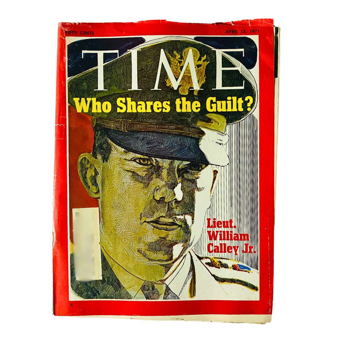 Cover of VTG Time Magazine from April 12, 1971 featuring Lieutenant William Calley Jr., with the headline 'Who Shares the Guilt?' This historic issue highlights significant events during the Vietnam War.