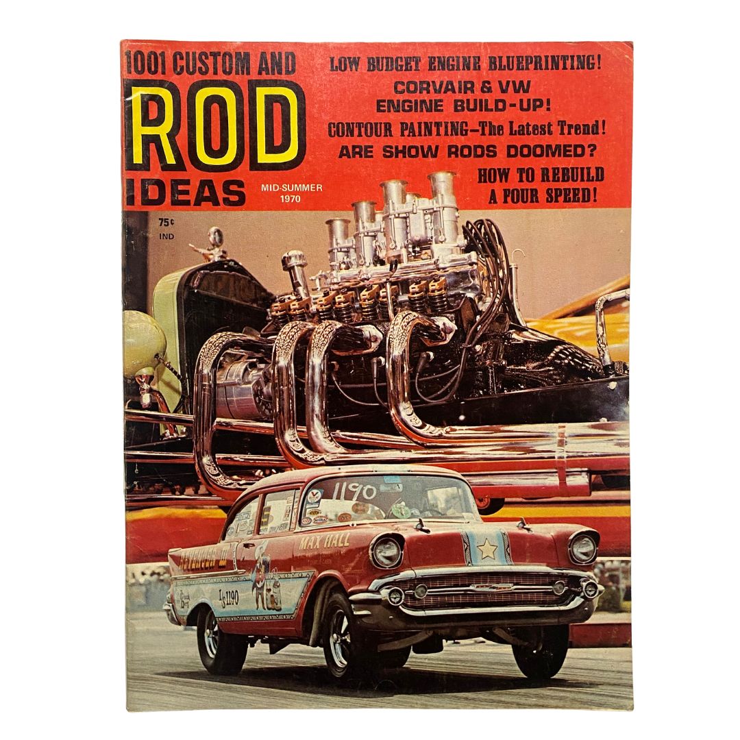 VTG 1001 Custom & Rod Ideas Magazine Mid-Summer 1970 featuring a colorful cover with a classic car and engine blueprints highlighting Corvair and VW tips.