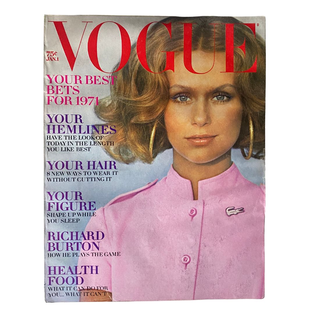 Vintage Vogue Magazine, January 1, 1971: Lauren Hutton photographed by Arnauld de Rosnay on the cover.