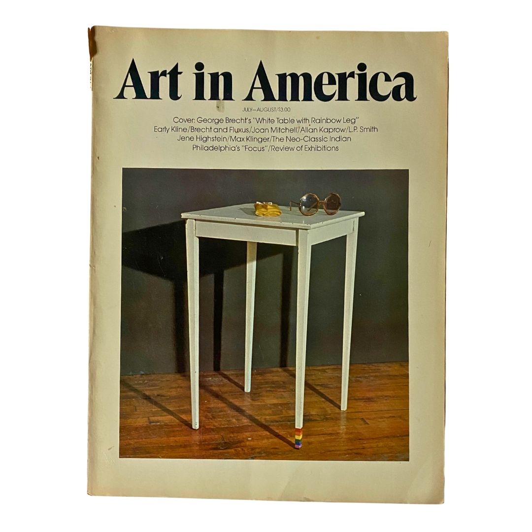 Art in America Magazine July 1974 featuring George Brecht's White Table on the cover, showcasing modern art themes and design.