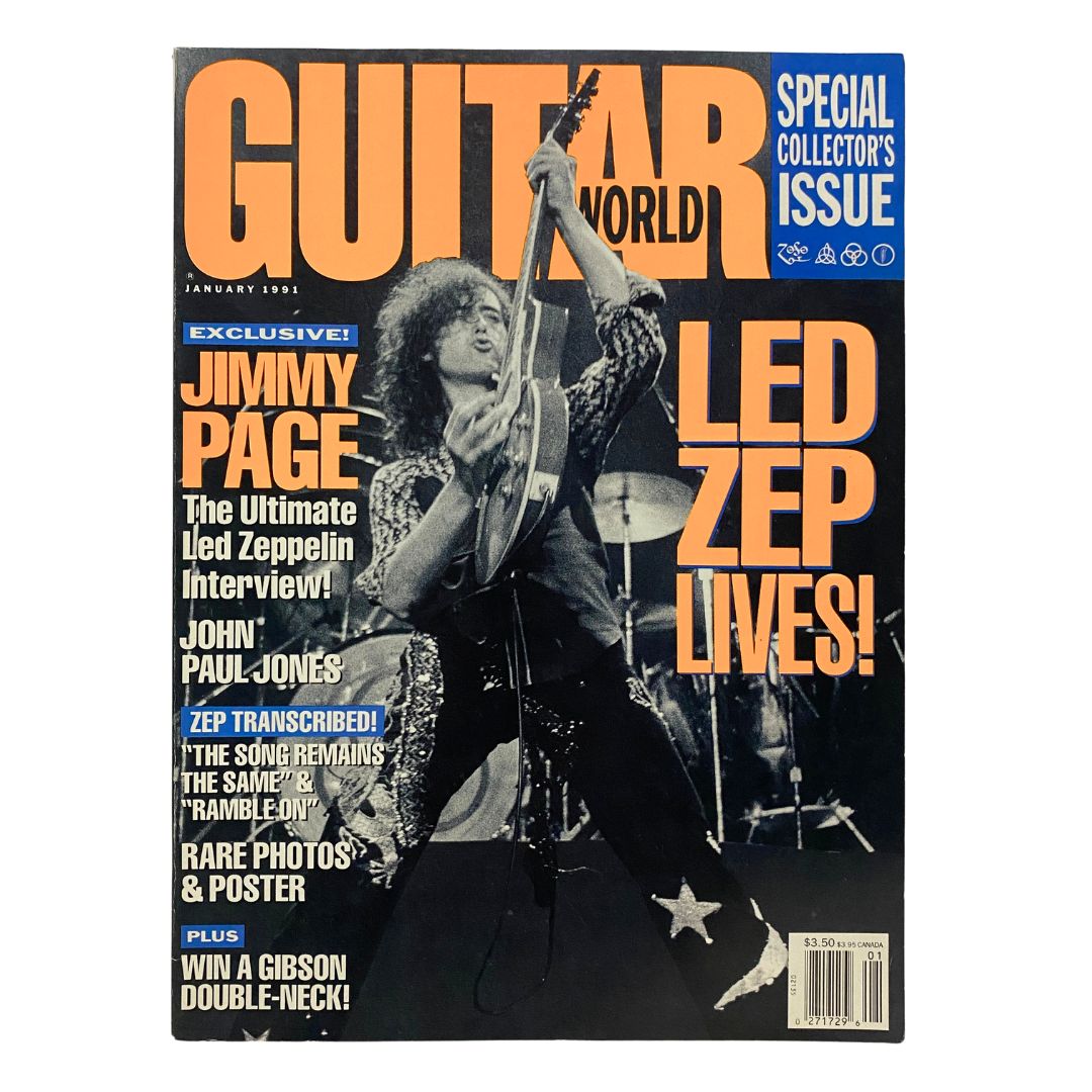 Guitar World Magazine January 1991 featuring Jimmy Page on the cover with the title 'Led Zep Lives!' and highlights of the issue, showcasing the ultimate Led Zeppelin interview.