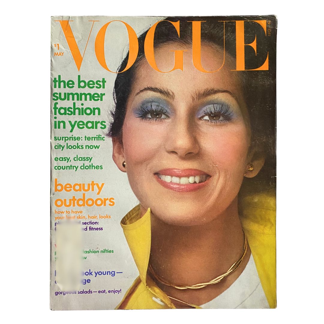 VTG Vogue Magazine May 1974 featuring Cher on the cover, showcasing vibrant summer fashion and beauty trends of the 1970s, photographed by Chris Von Wangenheim.