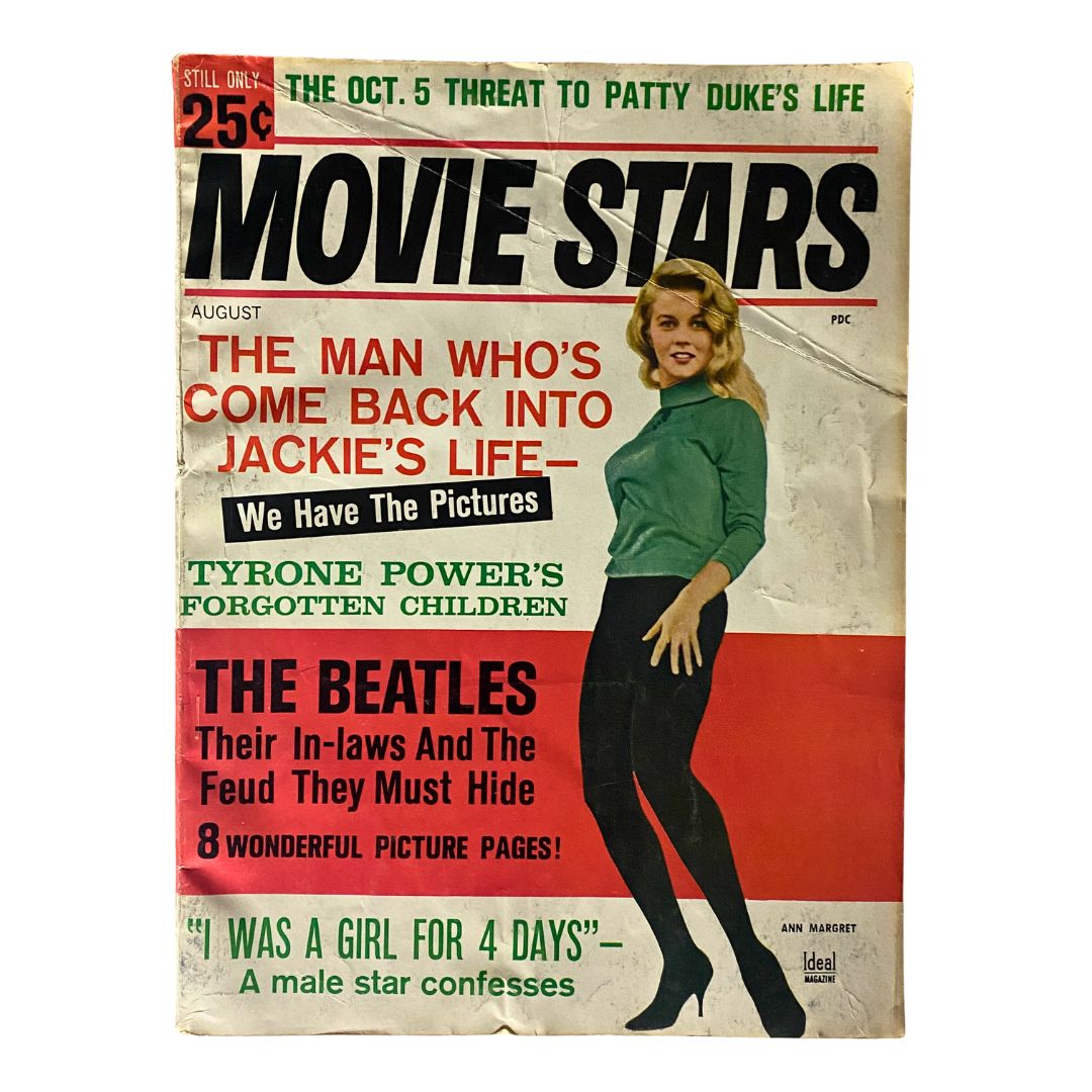 VTG Movie Stars Magazine August 1964 cover featuring Ann Margret and The Beatles, with bold titles and vintage design, showcasing iconic pop culture from the 1960s.