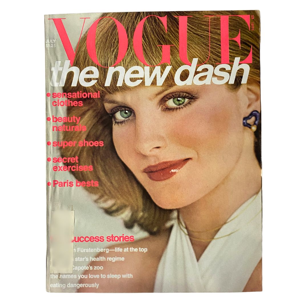 Cover of VTG Vogue Magazine July 1976 featuring Rene Russo, showcasing high-fashion trends and timeless elegance.