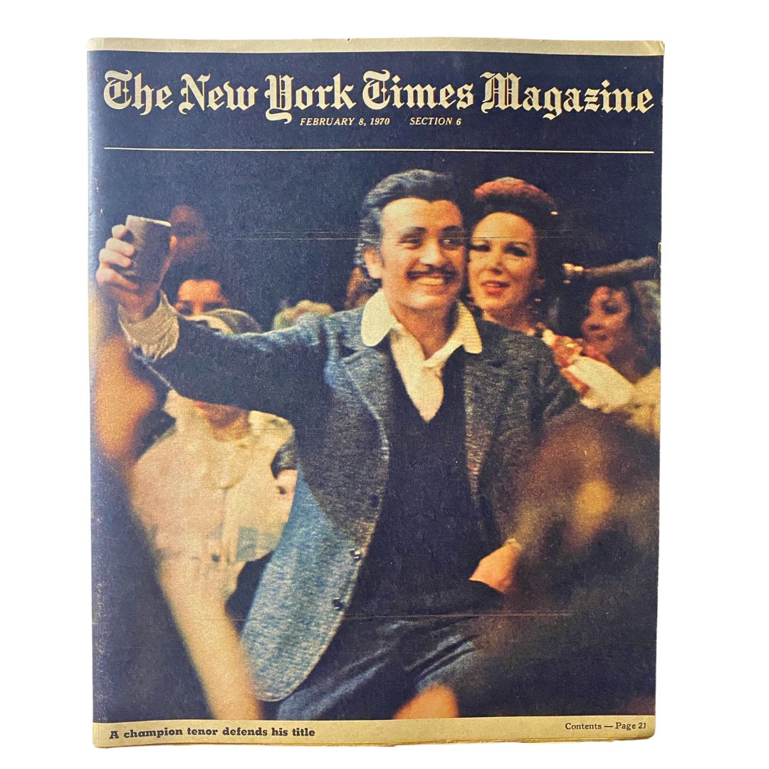 Cover of The New York Times Magazine dated February 8, 1970, featuring an illustration of a champion tenor holding a cup, surrounded by an audience.