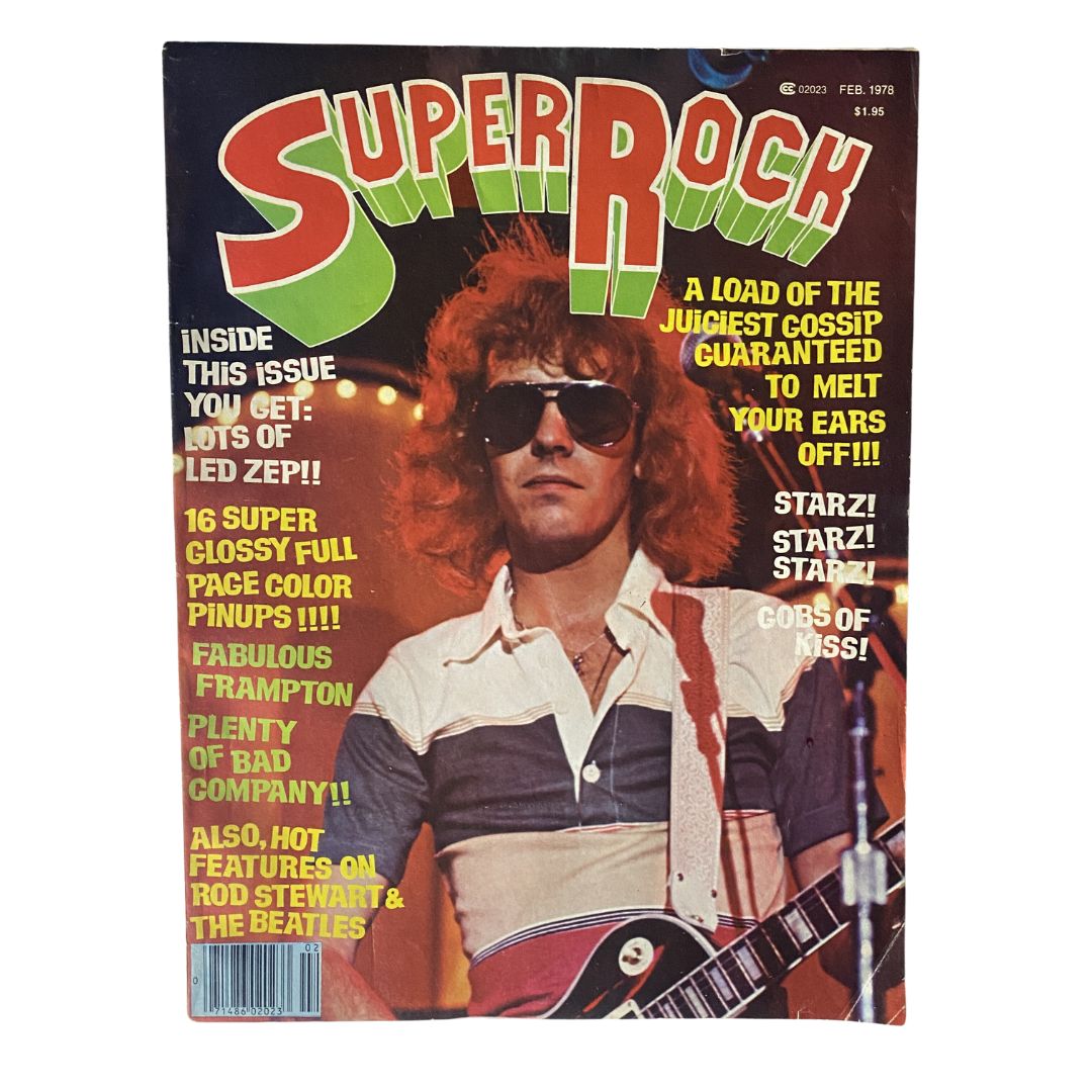 VTG Super Rock Magazine February 1978 featuring Led Zeppelin on the cover, showcasing vibrant retro design and prominent headline.