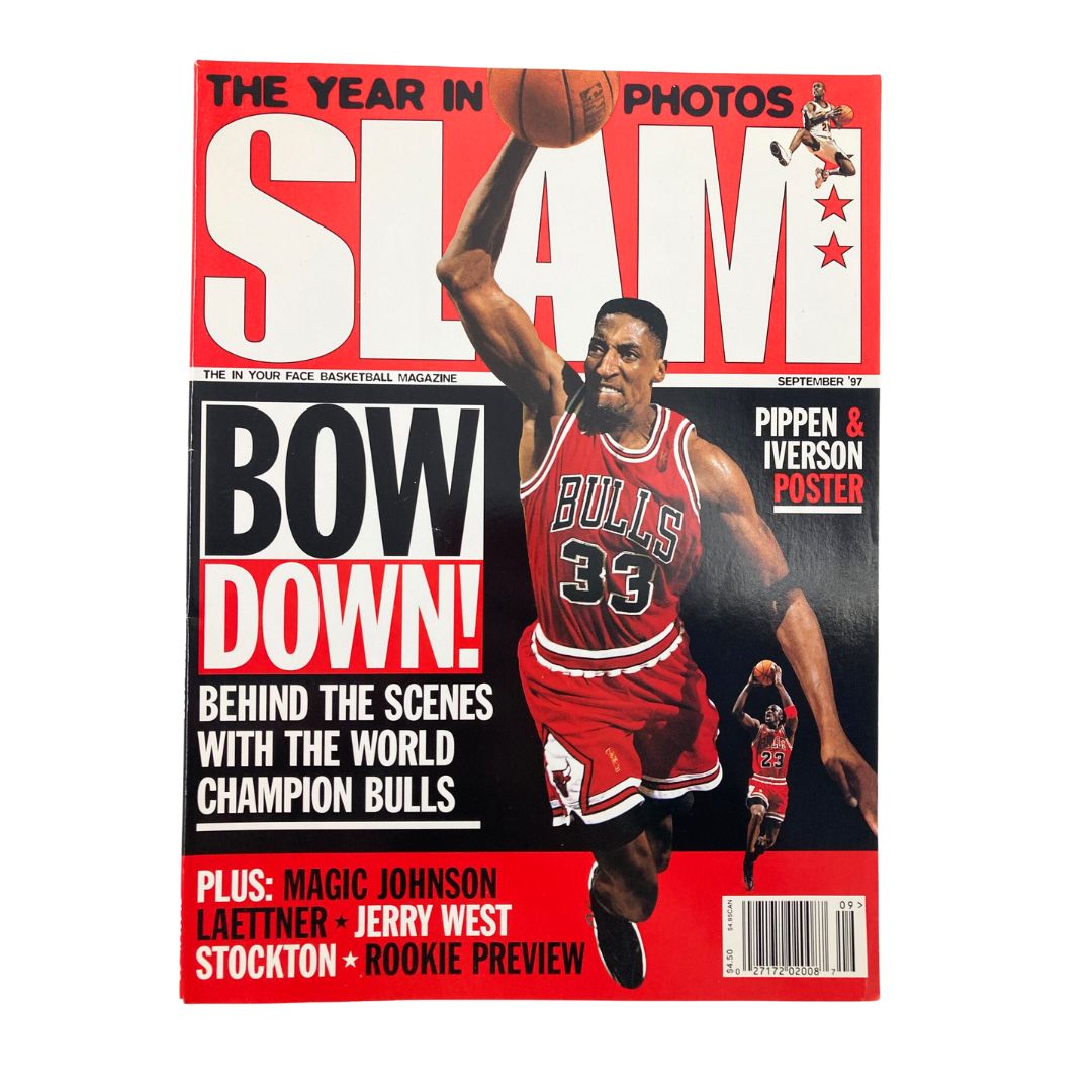Cover of Slam Magazine September 1997 featuring Scottie Pippen in a Chicago Bulls jersey with the title 'BOW DOWN!'. This collectible magazine highlights the dominance of the Chicago Bulls and includes a special poster of Allen Iverson.